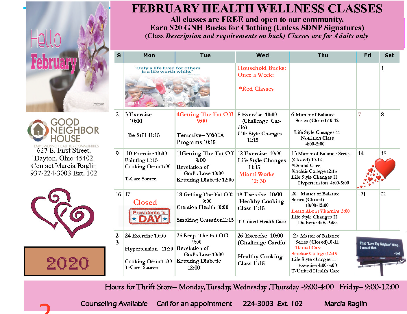 2020 February Wellness Calendar Good Neighbor House